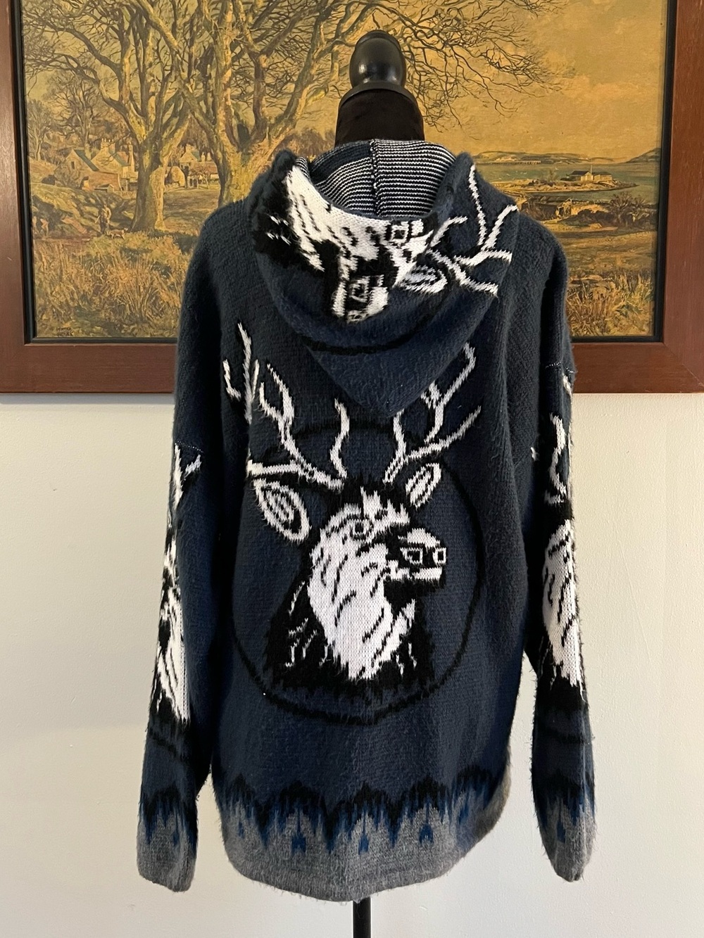Vintage Tejidos Ruminahui stag deer wool navy hoodie cozy cabincore woodland - Picture 4 of 6